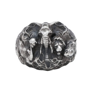 Solid Sterling Silver Safari Lion Elephant Rhinoceros Motif Ring