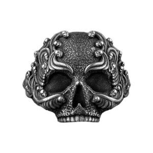 Solid Sterling Silver Skull With Waves Realistic Motif Biker Ring