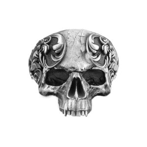 Solid Sterling Silver Skull With Ivy Leaf Realistic Motif Biker Ring