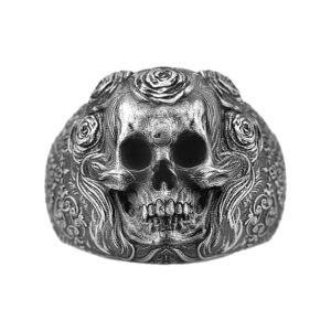 Solid Sterling Silver Skull With Roses Realistic Motif Biker Ring