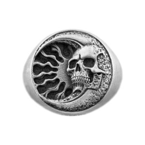 Solid Sterling Silver Celestial Style Skull Realistic Motif Biker Ring