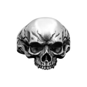 Solid Sterling Silver Skull Realistic Gothic Motif Biker Ring