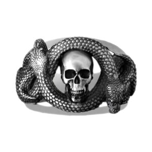 Solid Sterling Silver Skull Double Snake Gothic Motif Biker Band Ring