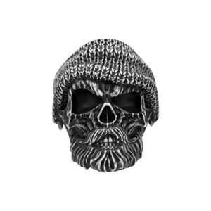 Solid Sterling Silver Beanie Bearded Skull Gothic Motif Biker Ring