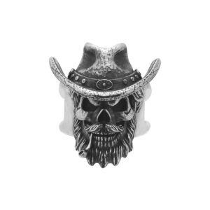 Solid Sterling Silver Bearded Ganster Skull Western Motif Biker Ring